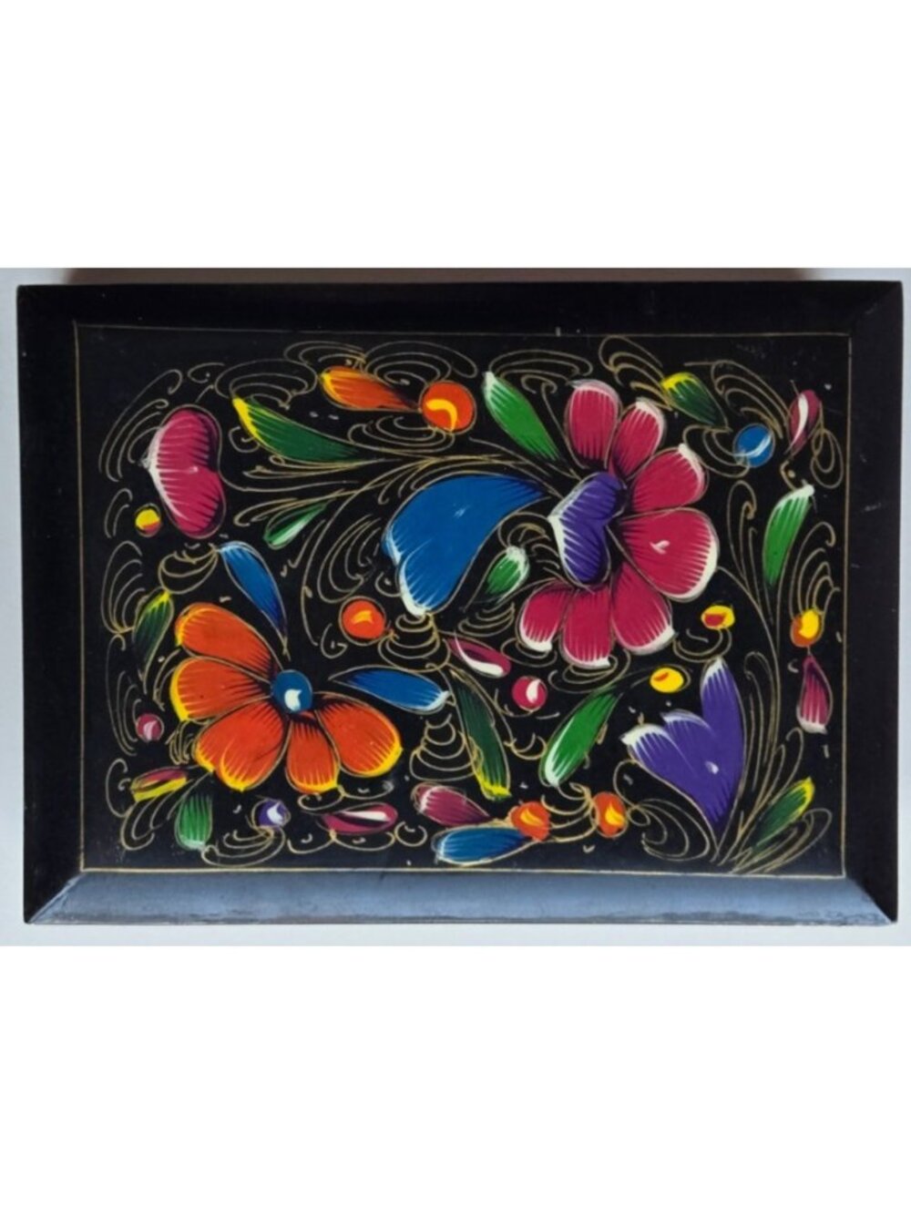 Hand Painted Wood Trinket/Jewelry Box Mexican Folk Art Floral Rectangle Hinged